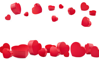 background with gifts for valentine's day. Red heart shaped boxes