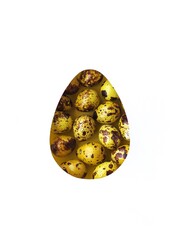 Easter minimal background with a silhouette of an egg made of yellow eggs. Creative concept of Happy Easter Flat ay, top view