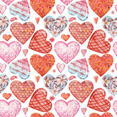 Watercolor romantic hearts with pattern and ornaments isolated on white. Seamless pattern. Red and pink and blue colored watercolor hearts seamless pattern.