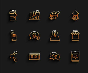 Set line Share, Trademark, Smartphone, mobile phone, Speech bubble with dollar, Mobile and like heart, Shopping building or market store and Business man planning mind icon. Vector