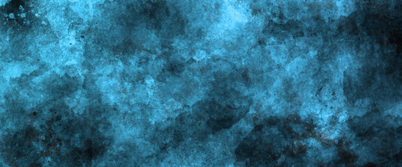 Abstract dark blue gradient paint background. Acrylic texture space nebula like pattern, Modern creative deep dark glowing blue neon watercolor on black paper illustration.