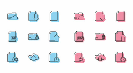 Set line Delete file document, Cloud upload, storage text folder, Document with clock, Folder and, Upload, DOC and download icon. Vector