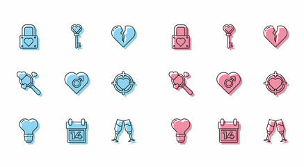 Set line Heart shape in a light bulb, Calendar with February 14, Lock and heart, Glass of champagne, male gender, the center darts target aim, Search love and Key icon. Vector