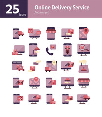 Online Delivery Service flat icon set. Vector and Illustration.