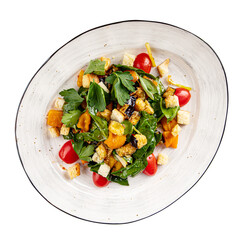 Isolated plate of fried eggplant salad with croutons