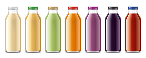 Set of Glass Bottles with non-transparent Juices. 