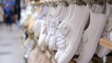 Many white shoes hanging in a row in a trendy stylish mass-market store, cheap footwear shopping on...
