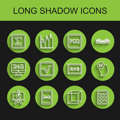 Set line XYZ Coordinate system, Calculation, Geometric figure Square, Function mathematical symbol, Triangle, Open book, Test exam sheet and icon. Vector