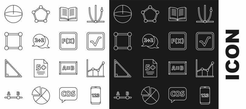 Set line Book with word mathematics, Sigma symbol, Open book, Equation solution, Geometric figure Cone, Chalkboard diagram, Calculator and icon. Vector