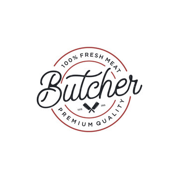 Vintage Butcher Shop lettering logo, label, badge, emblem, sign design template