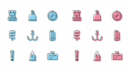 Set line Flashlight, Cup of tea with tea bag, Hiking backpack, Photo camera, Anchor, Passport ticket, Road traffic signpost and Camping gas stove icon. Vector