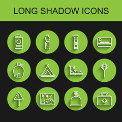 Set line Exclamation mark in triangle, Folded map with location, Passport ticket, Camping gas stove, First aid kit, Tourist tent, Parking and Hiking boot icon. Vector