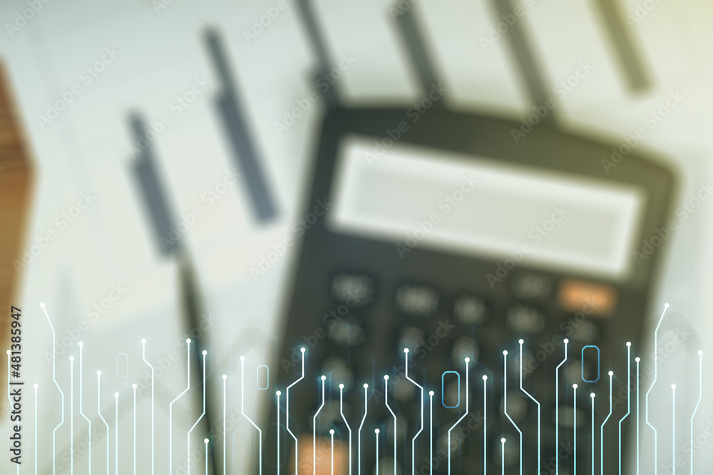 Poster Abstract virtual micro circuit sketch on calculator and papers background, future technology and AI concept. Double exposure