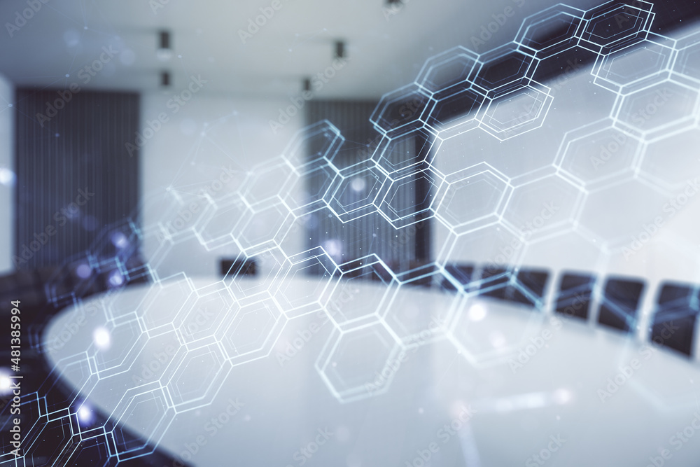 Poster abstract virtual wireless technology hologram with hexagon on a modern conference room background. b