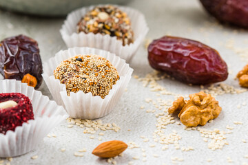 Healthy energy balls made of dried fruits and nuts. Healthy food