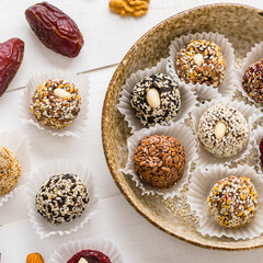 Healthy energy balls made of dried fruits and nuts. Healthy food - 481385937