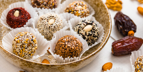 Healthy energy balls made of dried fruits and nuts. Healthy food