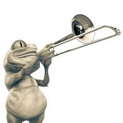Obraz na płótnie Canvas little frog cartoon is playing trombone close up view