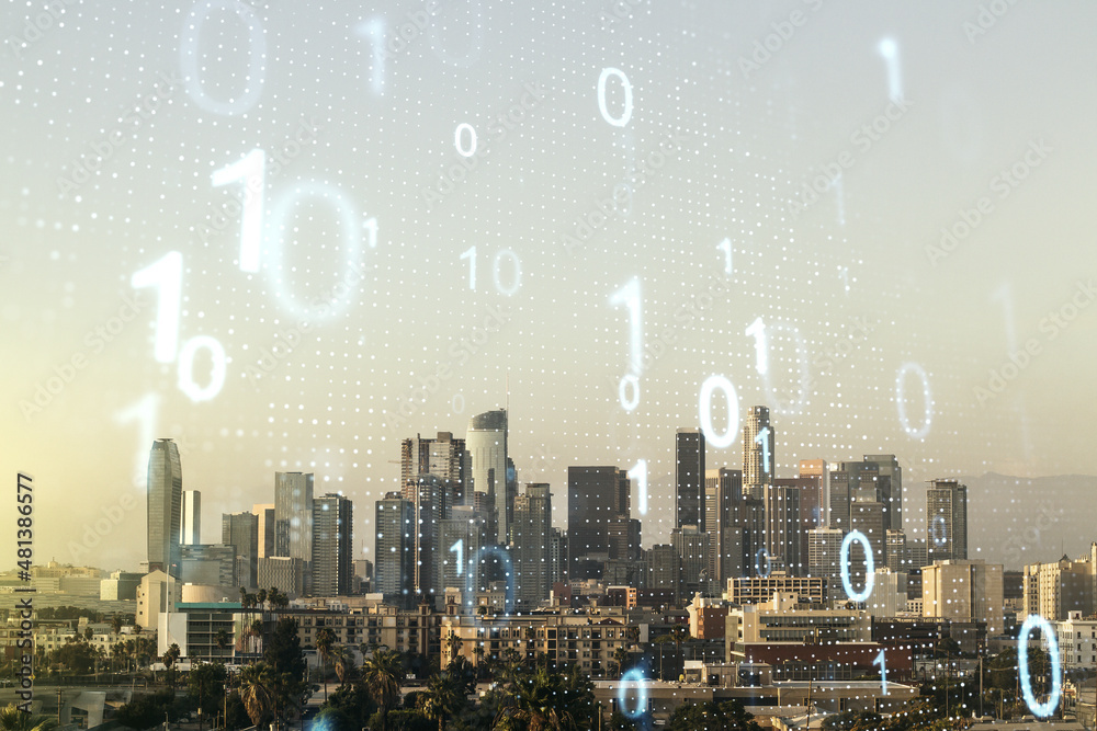 Poster abstract virtual binary code sketch on los angeles office buildings background, hacking and matrix c