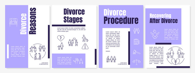 Naklejka premium Separation psychology purple brochure template. Marriage end. Booklet print design with linear icons. Vector layouts for presentation, annual reports, ads. Anton-Regular, Lato-Regular fonts used