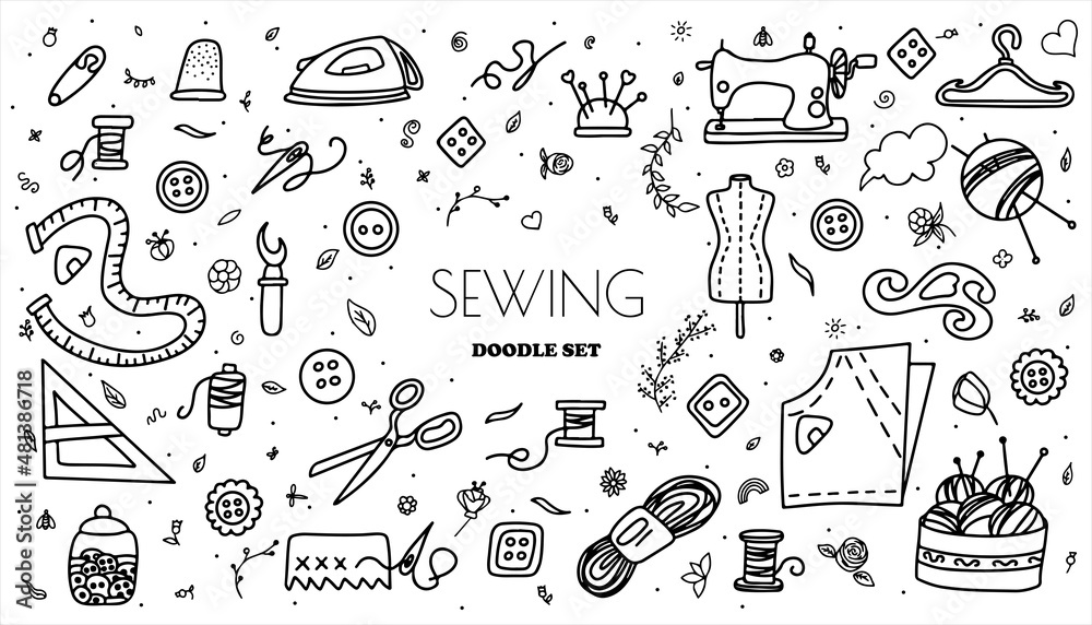 Wall mural big vector doodle sewing set. vector tailoring tools icons. sewing mannequin, machine, measuring and