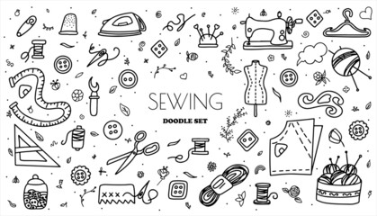 Big vector doodle sewing set. Vector tailoring tools icons. Sewing mannequin, machine, measuring and cutting supplies, Black outline. Sketch with professions