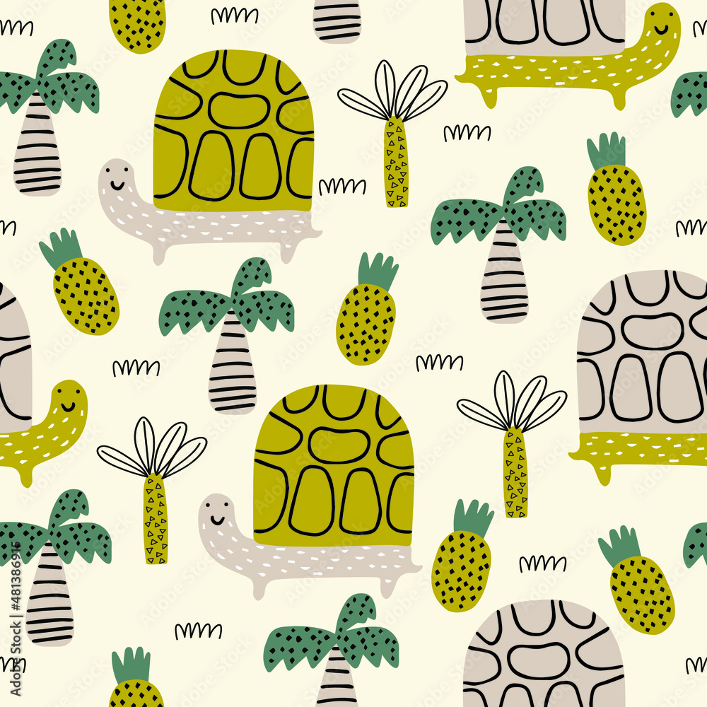 Wall mural Childish seamless pattern with cute turtle. Cute vector childish background for fabric, textile, nursery wallpaper. Vector Illustration. White background.