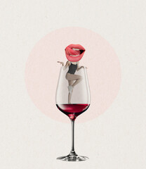 Contemporary art collage, modern design. Party mood. Young slim girl into red wine glass isolated on white background. Surrealism