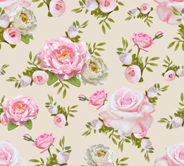 Vintage Seamless Pattern with Pink Roses and Peonies. Vector Illustration.