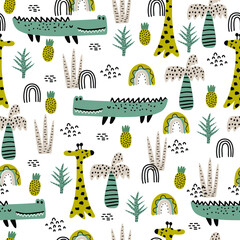 Kinderachtig naadloos patroon met schattige alligator. Leuke vector kinderachtige achtergrond voor stof, textiel, kinderdagverblijfbehang. Vectorillustratie. Witte achtergrond.