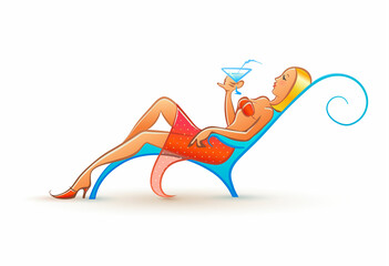 Girl in Bikini with Cocktail Lies on Sun Lounger. Isolated Vector Illustration.