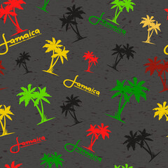 Seamless Pattern of Rasta Colors with Palms and "Jamaica" Lettering. Vector Illustration.