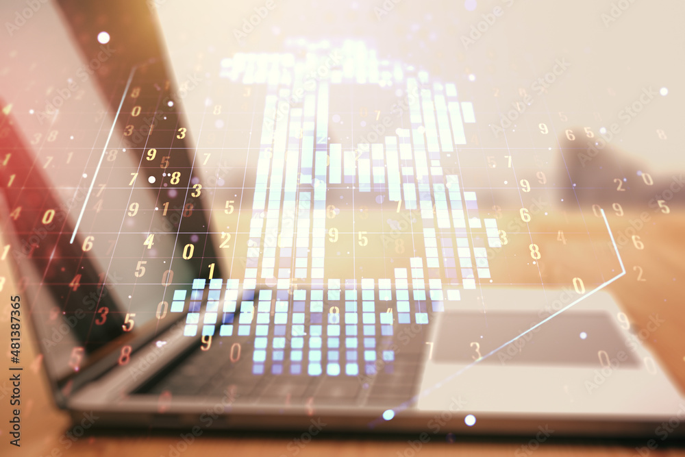 Poster Double exposure of creative Bitcoin symbol hologram with computer on background. Mining and blockchain concept