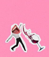 Excited young man with open female mouth instead head drinking wine. Contemporary art collage....