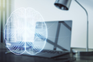 Creative artificial Intelligence concept with human brain hologram on modern laptop background. Multiexposure