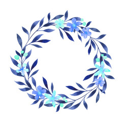 Fototapeta na wymiar Blue floral round wreath, frame, border, blank, template isolated on white. Watercolor botanical illustration for copy space, card, greeting, invitation. Flowers and leaves circle design element.