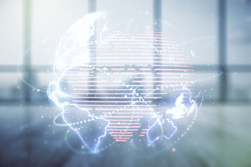 Double exposure of abstract digital world map hologram with connections on empty room interior background, big data and blockchain concept