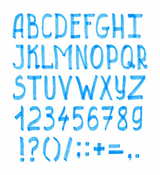 Hand Drawn Felt-tip Pen Blue Uppercase Font. Vector Illustration.