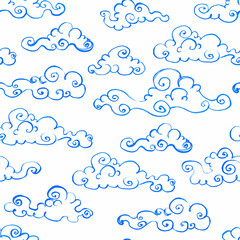 Seamless Pattern with Hand Drawn Contour Clouds. Vector Illustration.