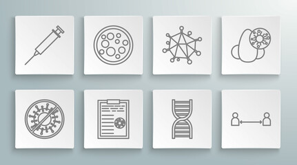 Set line Stop virus, Virus, Clipboard with blood test results, DNA symbol, Safe distance, Runny nose and and Syringe icon. Vector