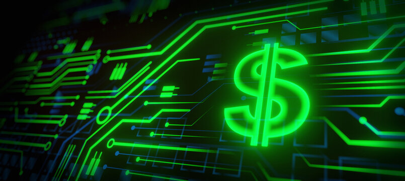 Digital currency USA dollar sign on abstract HUD technology background. Futuristic hi-tech digital money.Electronic economy