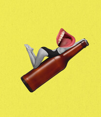 Contemporary art collage, modern design. Young woman in swimsuit headed by female mouth with happy emotion and beer, wine bottle