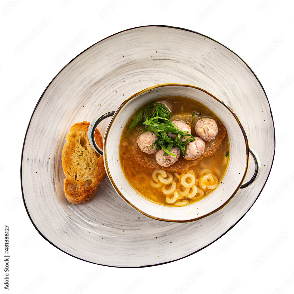 Wall mural Isolated portion of anelli soup with chicken meatballs - Wall murals