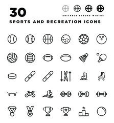 30 Sports and Recreation Icons with Adjustable Stroke Widths
