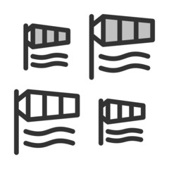 Pixel-perfect linear icon of windsock built on two base grids of 32x32 and 24x24 pixels for easy scaling. The initial line weight is 2 pixels. In two-color and one-color versions.  Editable strokes