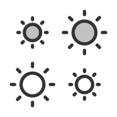 Pixel-perfect linear icon of sun (sunny weather) built on two base grids of 32x32 and 24x24 pixels. The  initial base line weight is 2 pixels. In two-color and one-color versions. Editable strokes