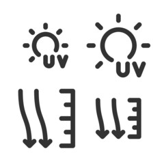 Monochromatic pixel-perfect linear icons of UV index and atmospheric pressure built on two base grids of 32 x 32 and 24 x 24 pixels. The base initial line weight is 2 pixels.  Editable strokes