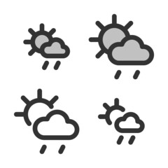 Pixel-perfect linear icon of cloud and sun with rain built on two base grids of 32x32 and 24x24 pixels. The initial base line width is 2 pixels. In two-color and one-color versions. Editable strokes