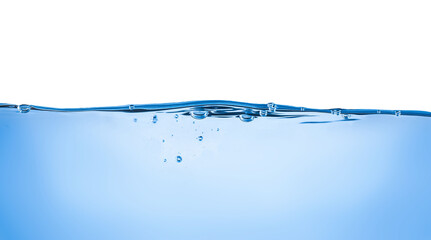 Blue water wave and bubbles isolated on white background. blue water surface with splash, waves and air bubbles to clean drinking water. Can be used for graphic designing, editing, putting on products