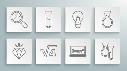 Set line Diamond, Test tube and flask, Square root of 4 glyph, Equation solution, Light bulb with concept idea, and Magnifying glass icon. Vector
